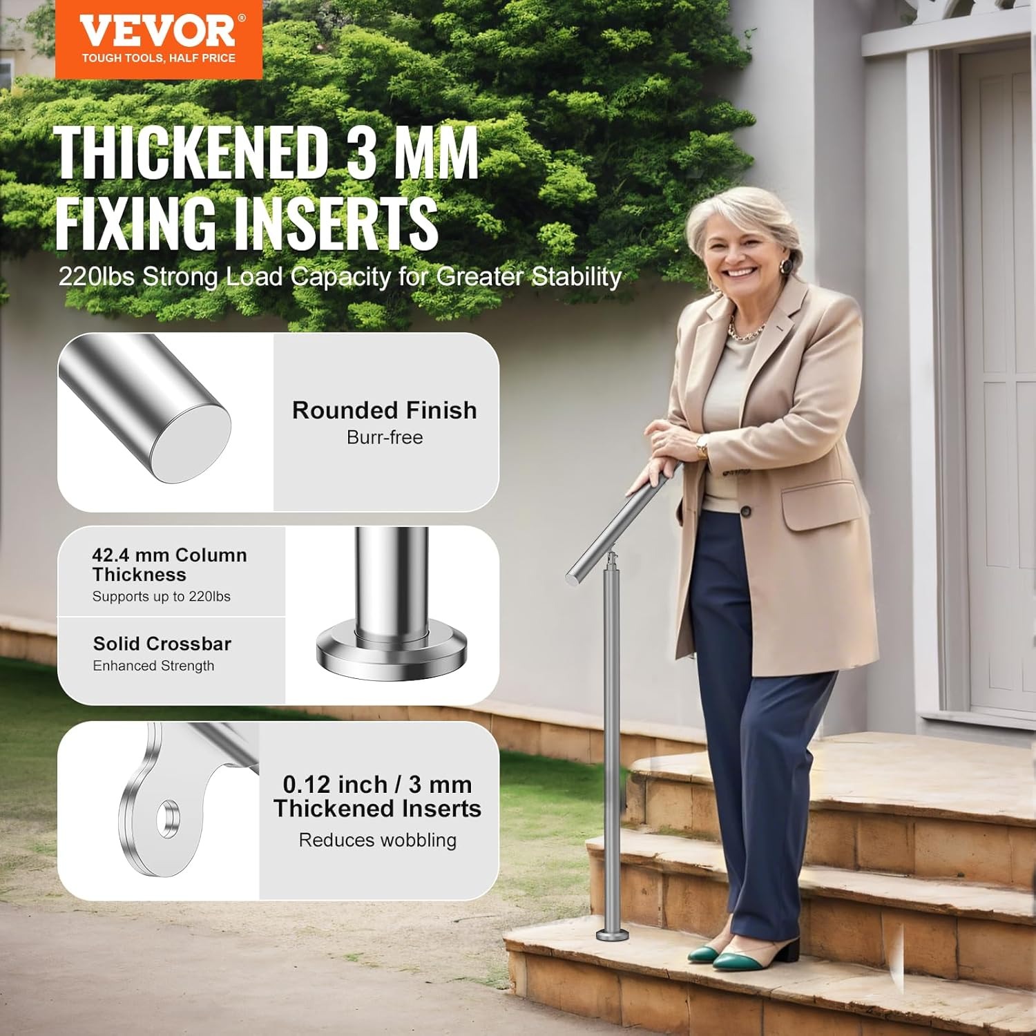VEVOR Handrails for Outdoor Steps, 39.4In / 100Cm Length Stair Hand Rail Kit, Transitional Stainless Steel Railings with Installation Kit, Double-Column Staircase Handrails for Seniors,Porch & Deck image number 5