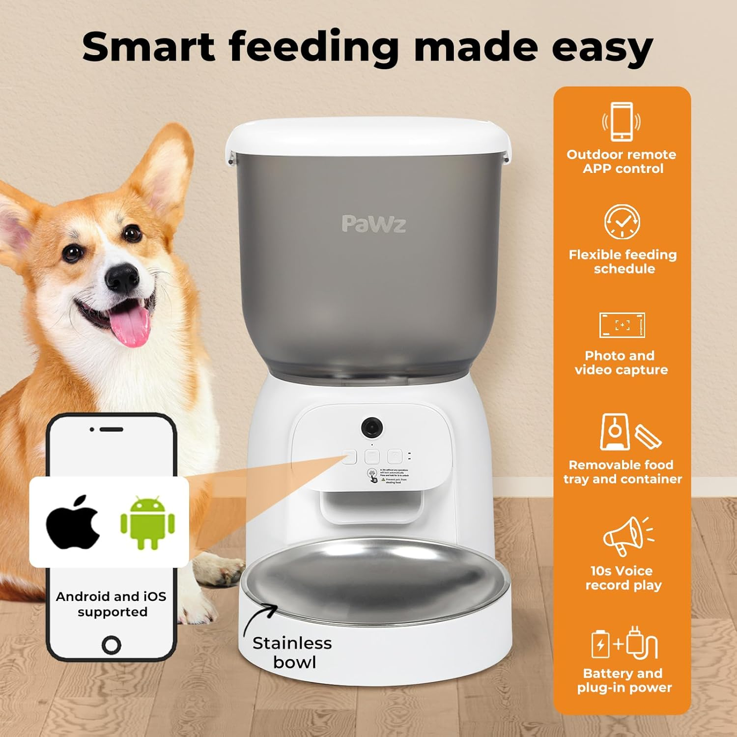 Pawz 4L Automatic Cat Feeder with Camera, Smart Timed Pet Feeder with Wifi APP Control for Remote Feeding, Auto Pet Feeder Dry Food Dispenser with Desiccant Bag for Cats/Dogs, Dual Power