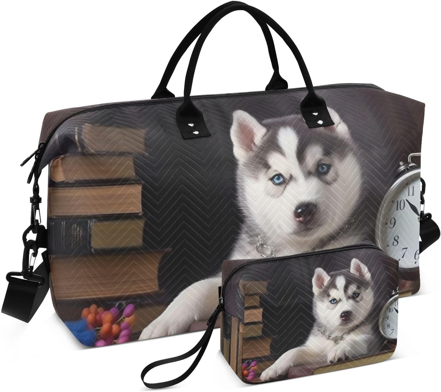 XYMZR Large Travel Duffel Bag, Cute Husky Watch Book Sport Tote Gym Bag, Shoulder Weekender Overnight Bag for Women Men, Carry on Luggage with Toiletry Bag, Multi-Colored image number 6