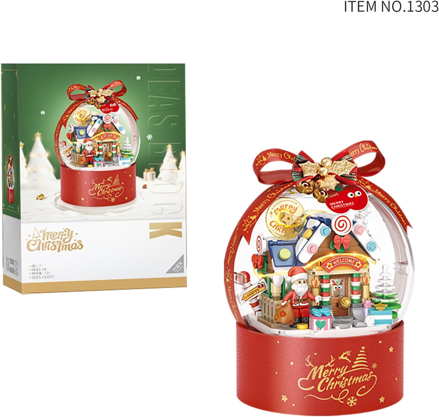 Christmas Snow Globe Building Kit &ndash; DIY Brick Set, 466-Piece Mini Blocks Holiday Decor, Santa Village Ornament for Home, Desk Decoration, Stocking Stuffer Gift (Winter Cottage) image number 2