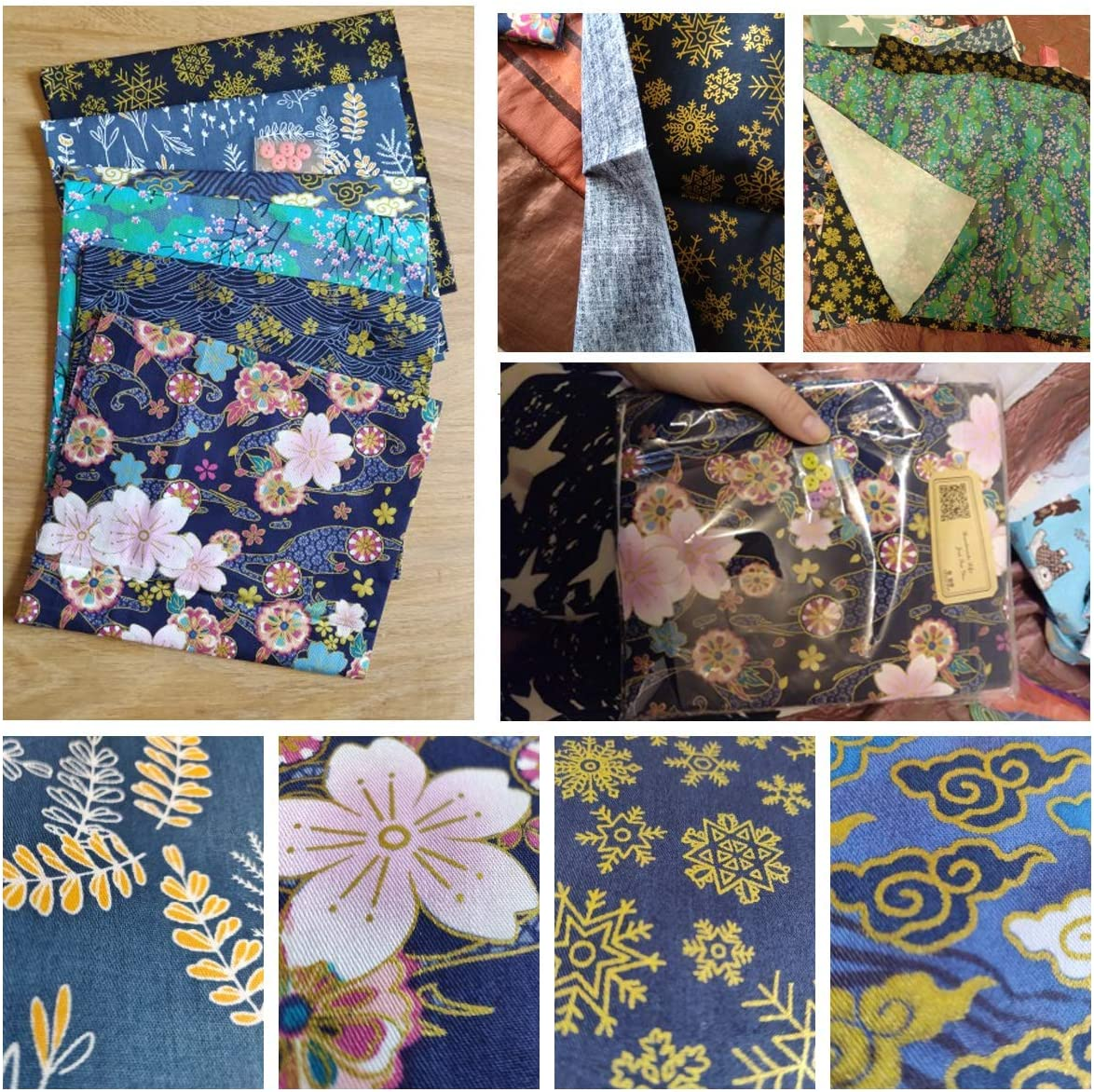Queenbox 6PCS Japanese Printed Fabric, 15.7X19.6 Furoshiki Cloth, Traditional Sakura Printed Waves Cotton Sewing Fabric for Kimono Cheongsam Bag DIY Quilting image number 2