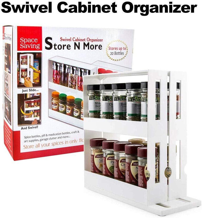 AUSTOCK Slide Out White Swivel Spice Rack Holder Organizer, 28Cm X 27Cm X 10Cm, Holds 20 Bottles, Fits Standard Bottles, No Installation Required, Kitchen Cabinet Space Saver