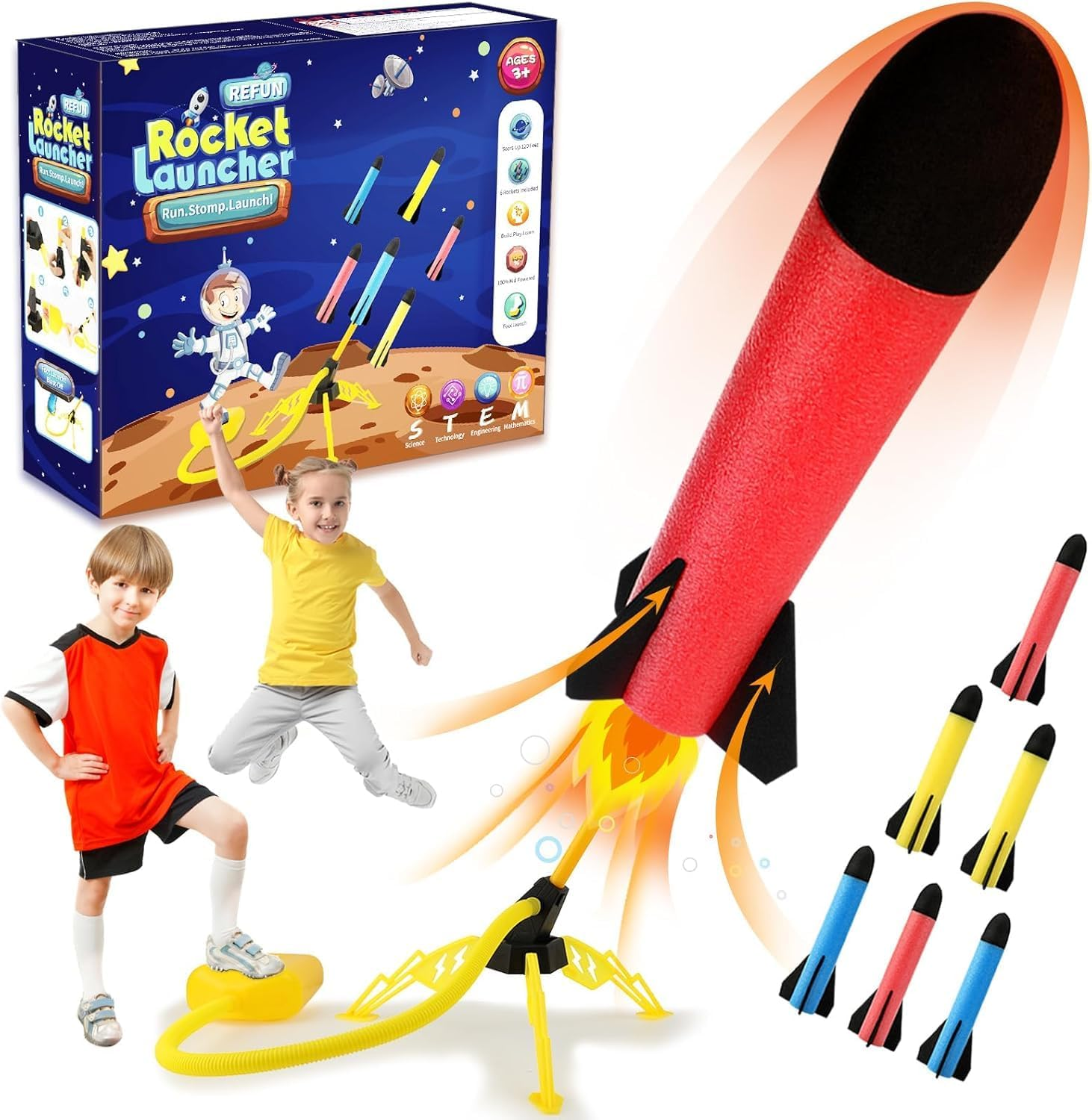 REFUN Rocket Launcher for Kids with 6 Foam Rockets - STEM Boys & Girls Ages 3+ - Christmas Xmas Easter Egg Gifts - Fun Outdoor/Indoor Toy