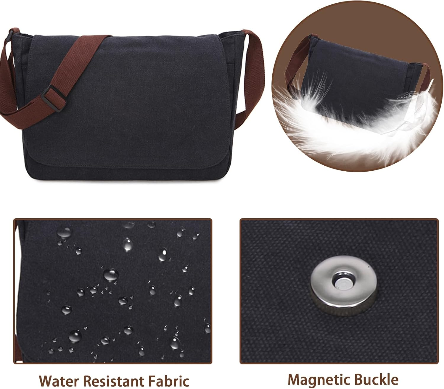 Lizbin Messenger Bag, Classic Vintage Messenger Bags, Canvas Messenger Bag, Shoulder Bag Crossbody Bag, Small Messenger Bag for Men Women, Crossbody Shoulder Bag Casual Work Bag (Black) image number 4