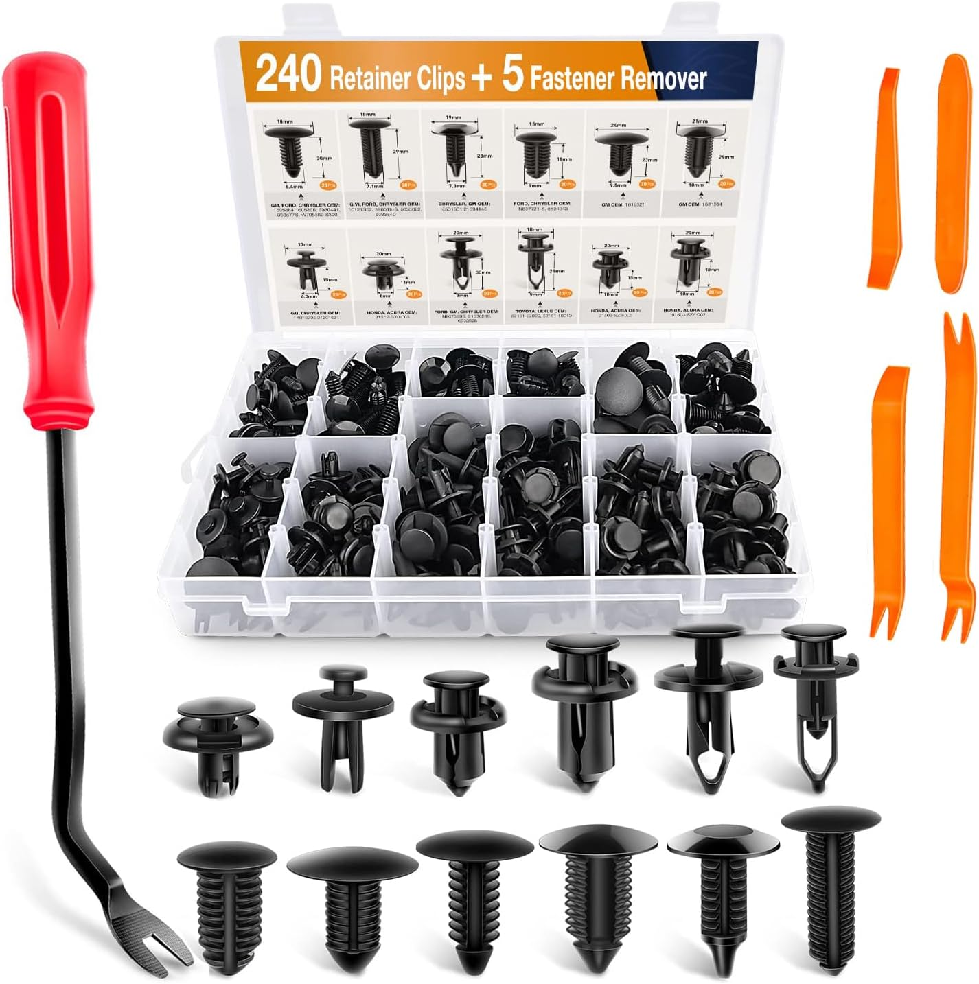 GOOACC - GRC-33 240PCS Bumper Retainer Clips Car Plastic Rivets Fasteners Push Retainer Kit Most Popular Sizes Auto Push Pin Rivets Set -Door Trim Panel Fender Clips for GM Ford Toyota Honda Chrysler image number 1