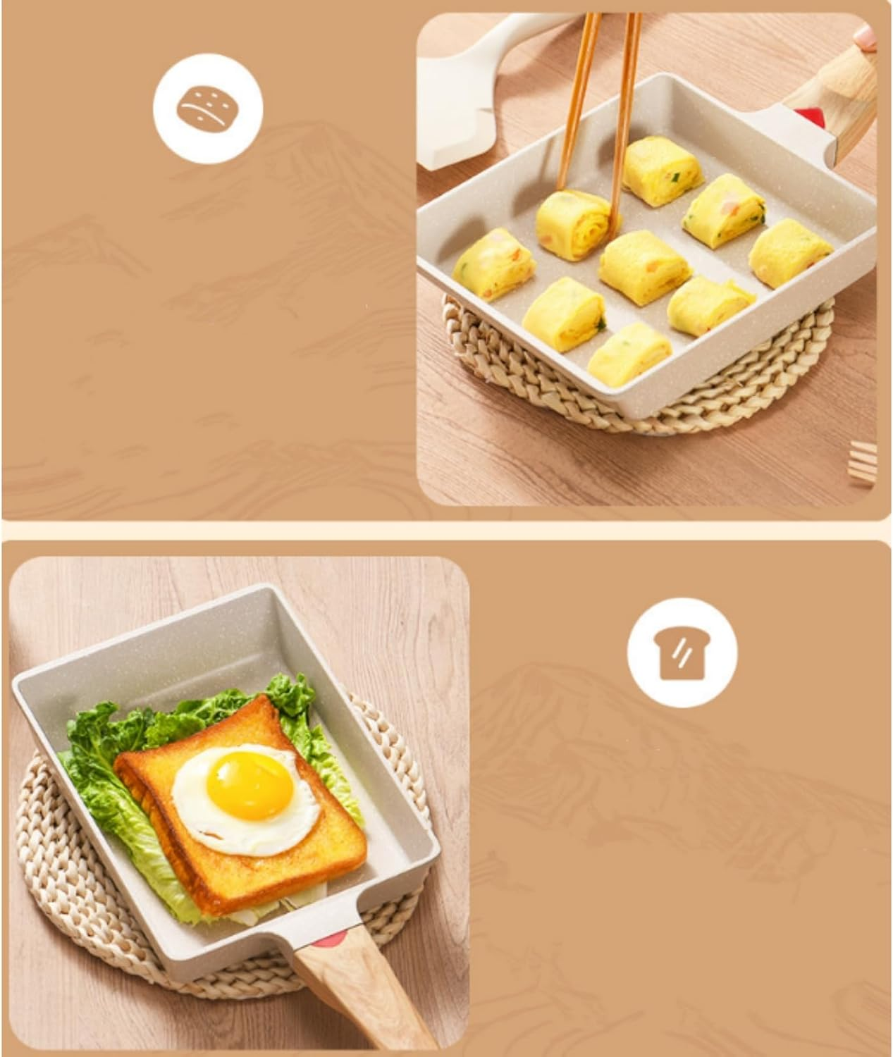 Square Japanese Omelette Pan, Non-Stick Egg Roll Pan with Silicone Brush, Rectangle Frying Pan Wood Handle, Steak Frying Pan, Maifanshi Flat Bottomed Pan image number 4