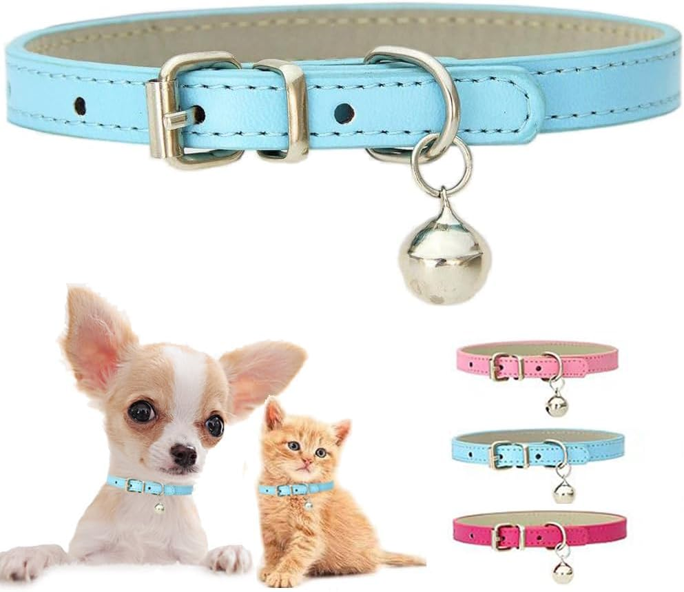 Pink XXS Cat Collar with Bell, Soft Pu Leather Puppy Collars Adjustable Buckle for XS Extra Small Medium Tiny Female Girl Pets Dogs Kitten Teacup Yorkie Xx-Small
