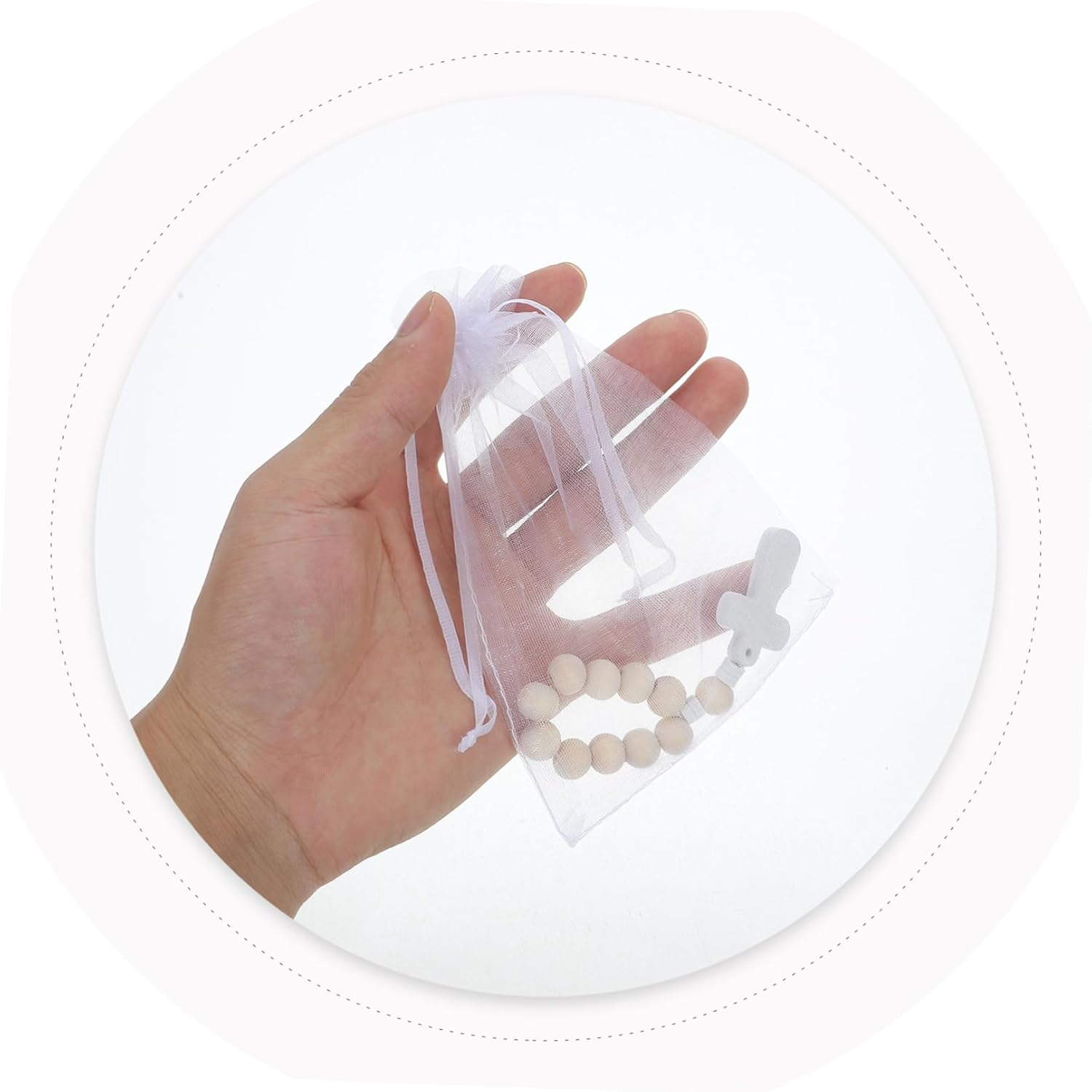 Homoyoyo 40Sets Wooden Rosary Beads Mesh Bags for Baptism Prayer Christian Party Favors Small Rosary Mesh Bags Religious Prayer image number 5