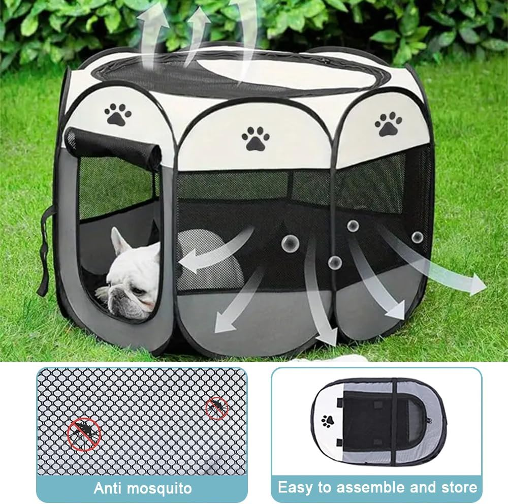 TOMVAES Dog Playpen, Oxford Fabric Dog Fence Octagon Dog Crate PVC Pipe Frame Breathable Mesh Double Openings Removable Zipper Top and Bottom,Grey image number 5
