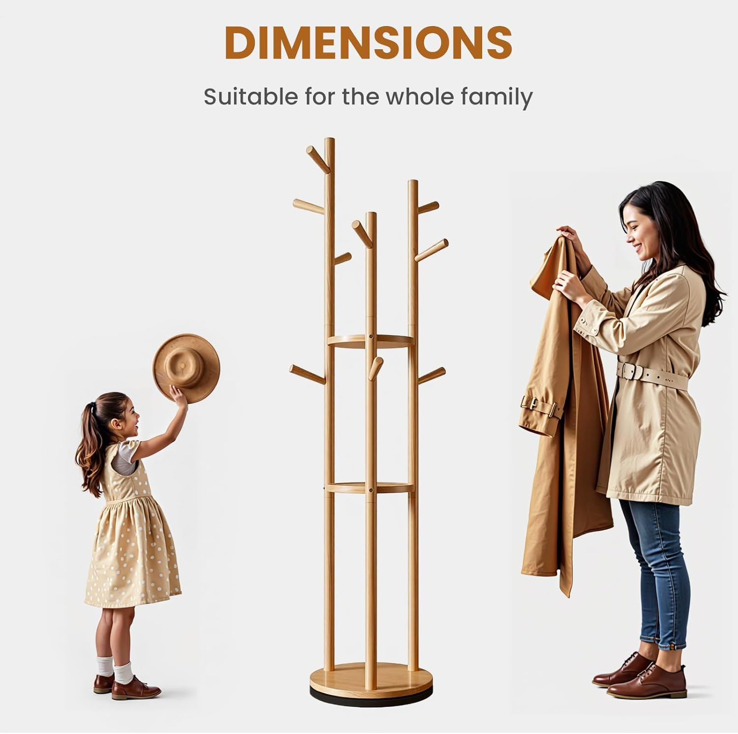 Uandhome Wood Rotary Coat Rack, Freestanding Coat Rack with 3 Shelves and 9 Hooks, Coat Tree for Bedroom, Entryway, Livingroom, Coat Hanger Stand for Coats, Scarves, Handbags (Wood)