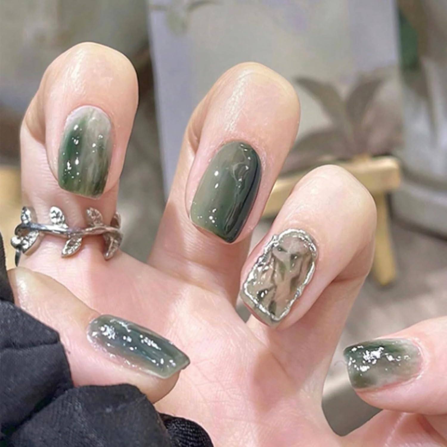 Aikeis 24 Pieces Green Leaves Green Branch Short Oval Nail Stickers Ink Art Design Fake Nails for Women Full Cover Nails Short Nails image number 1