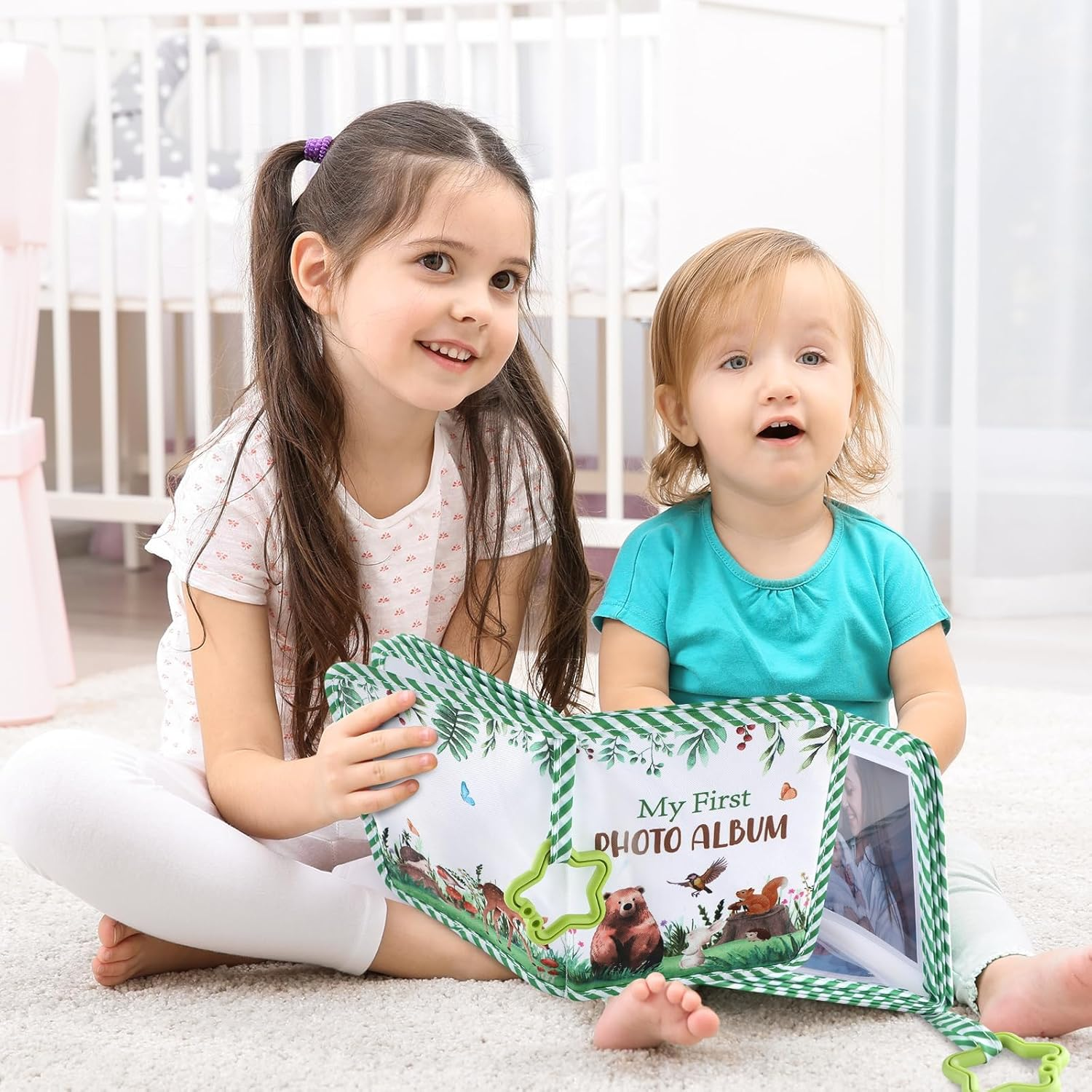 ZOIIWA Baby'S My First Family Album Soft Photo Cloth Book Greenery Bear My First Book of Photos Baby Memory Album Gift Holds 4X6 Pictures for Babies Newborn Toddler & Kids Girls Baby Shower