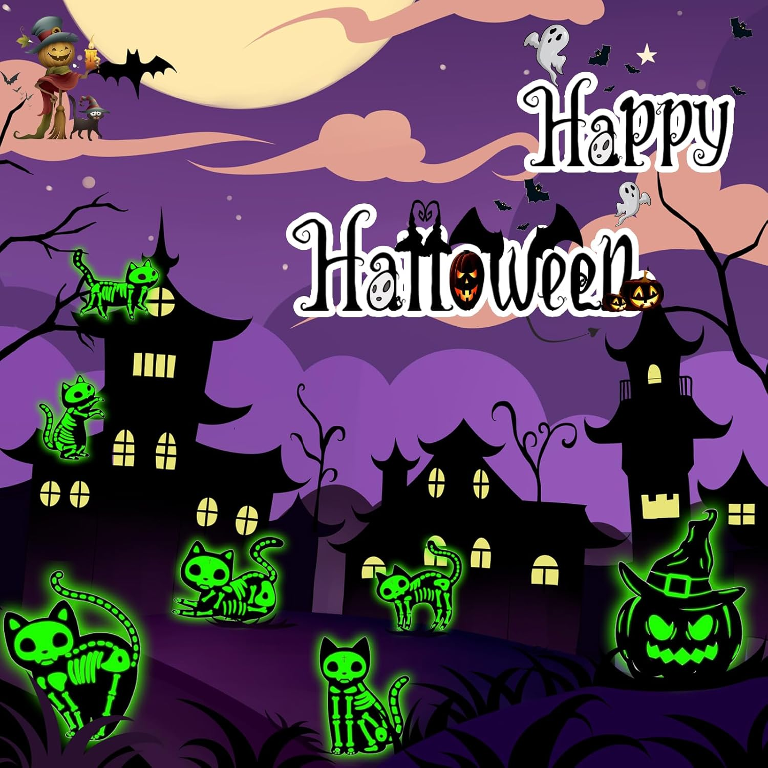 6 Pack Halloween Decorations Yard Sign,Scary Family Home Front Yard Sign Glow in the Dark Black Cat,Outdoor Yard Lawn Garden Halloween Decor image number 5