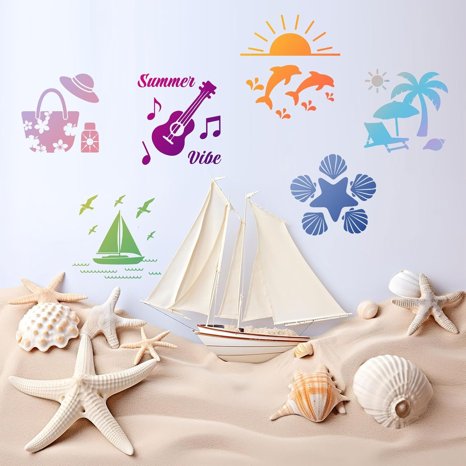 Tinoaly 24Pcs Summer Stencils for Painting, 8X8In Reusable Beach Ocean Themed Stencils with Coconut Watermelon Whale Tropical Styles for Wood Rock Canvas DIY Crafts image number 1