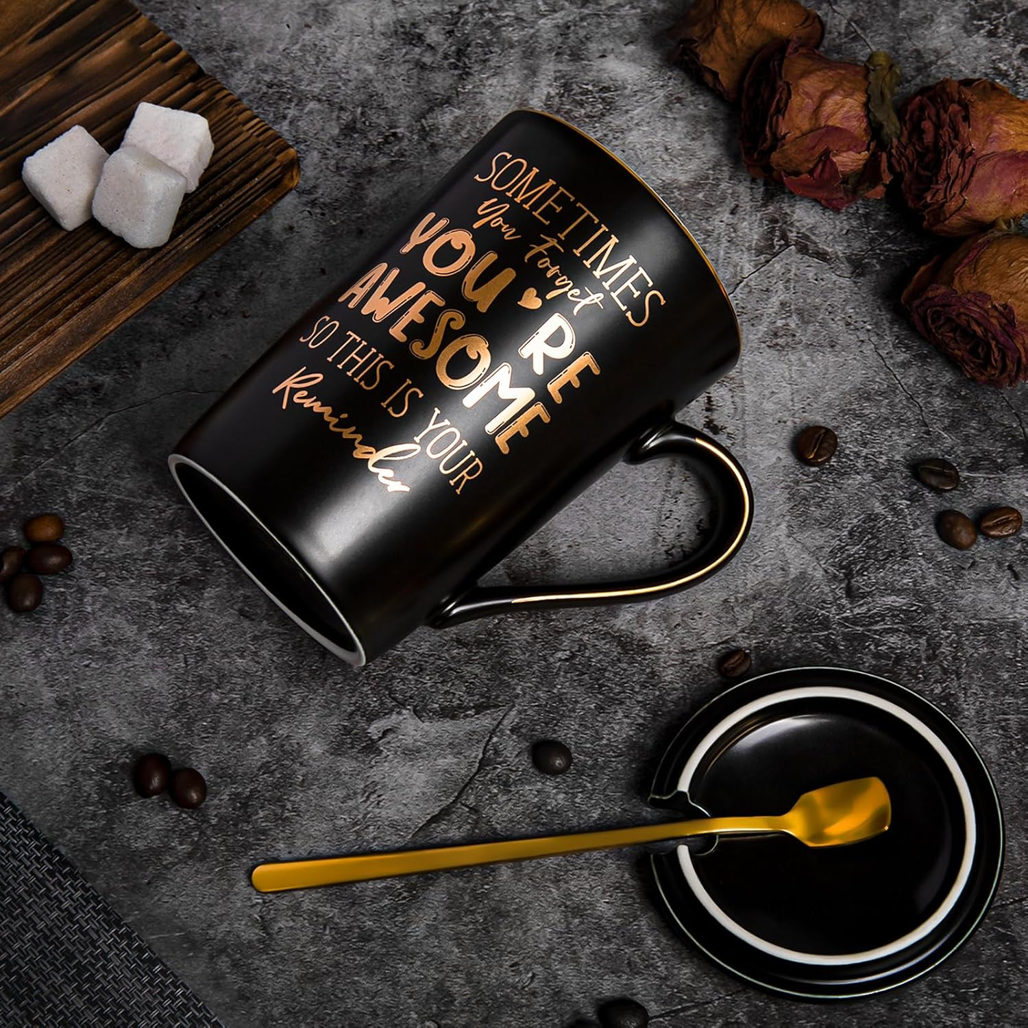 Birthday Thank You Gifts for Men, Sometimes You Forget You'Re Awesome - 14Oz Unique Black Ceramic Inspirational Coffee Mug with Gold Print, Presents for Friends Husband Employee Coworker, Gift Boxed image number 5