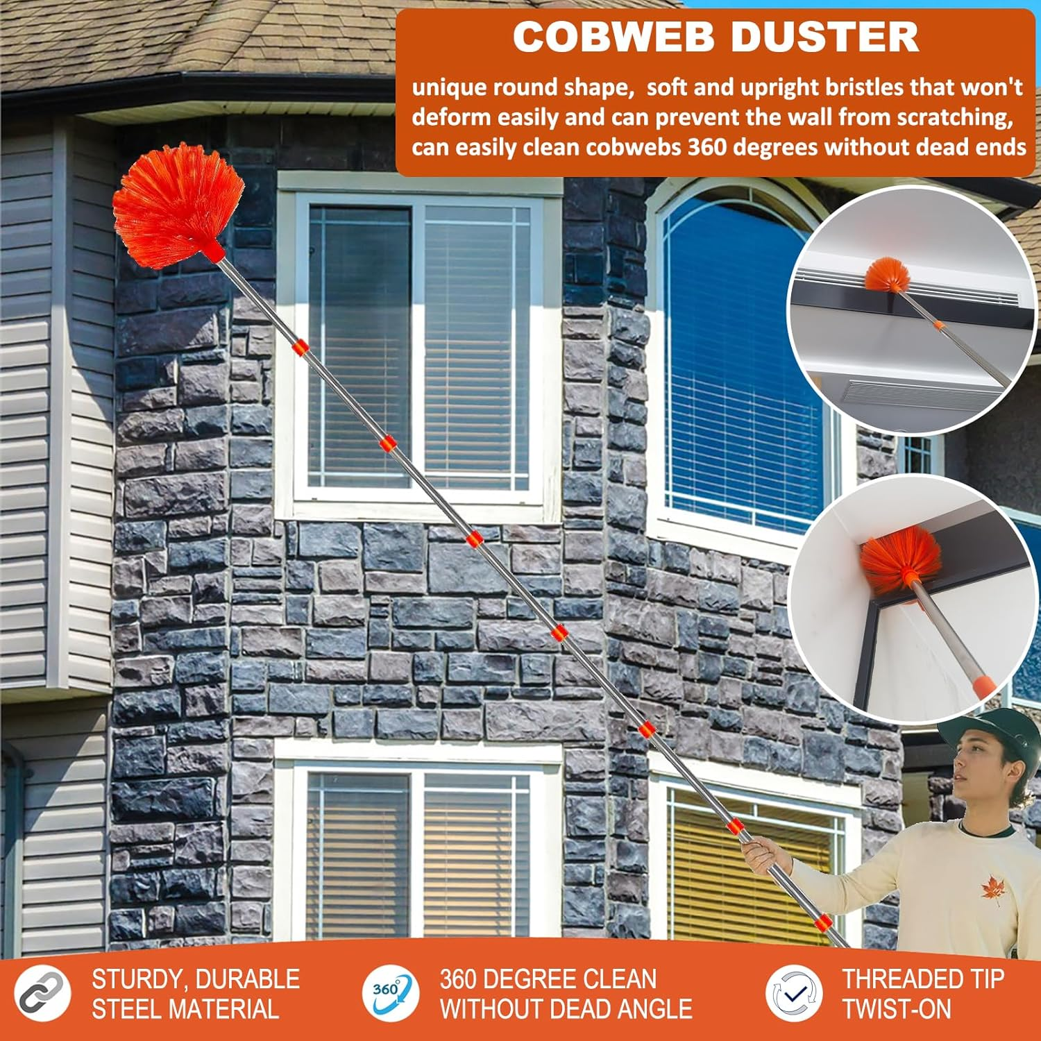 20+ Feet High Reach Duster Kit with 3-14 Ft Extension Pole // High Ceiling Dusting and Window Cleaning Kit with Spliceable Pole - Window Washer & Squeegee, Cobweb Duster, Fan Blade and Feather Dusters image number 1