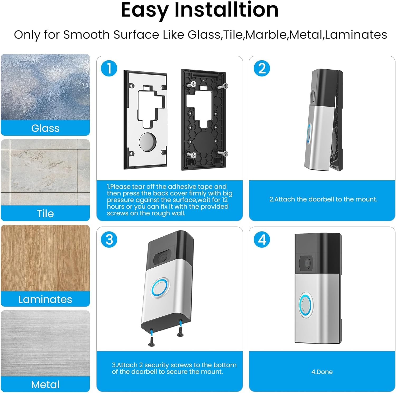 No-Drill Adhesive Doorbell Mount for Ring Video Doorbell (2Nd Generation - 2020 Release), Camera Doorbell Door Mounting Holder Bracket Accessories for Apartments Office Houses (1 Pack)