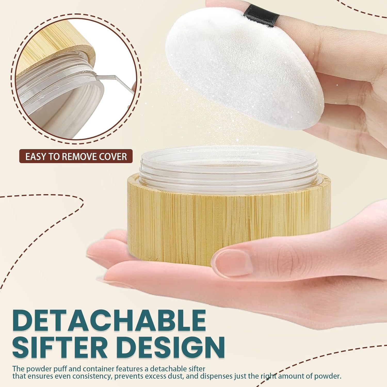 Sekonow 2 Pack Bamboo Loose Powder Container with Puff, 30Ml/1Oz Empty Dusting Powder Container Body Face Makeup Jar Case with Sifter and Screw Lid for Daily & Travel image number 1