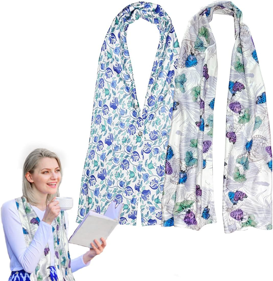 VOPHIA 2 Pack Women Bib Dining Scarf Washable Microsuede Food Clothing Protectors Floral Dining Mouth Towel Scarf