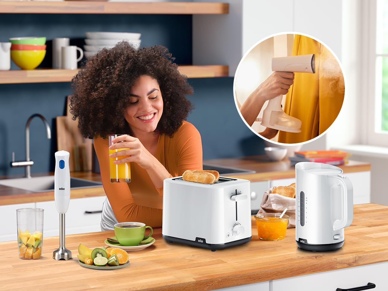 Braun Rise and Shine Pack, Small Kitchen Appliances Bundle with Breakfast 1 Kettle WK1100WH, Breakfast 1 Toaster HT1010WH, Multiquick 1 Hand Blender MQ10001M, Quickstyle 5 Garment Steamer GS5011PU