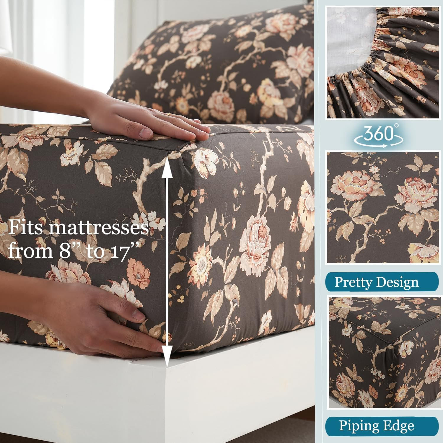 Zusbest Dark Brown Floral Bed Sheets Set - Queen Size Percale Cotton Shabby Rustic Peony Flower Print Bed Sheets - Soft Breathable Mocha Classic Vintage Bedding 4 Pcs Deep Pocket Flower Bed Sheets image number 3