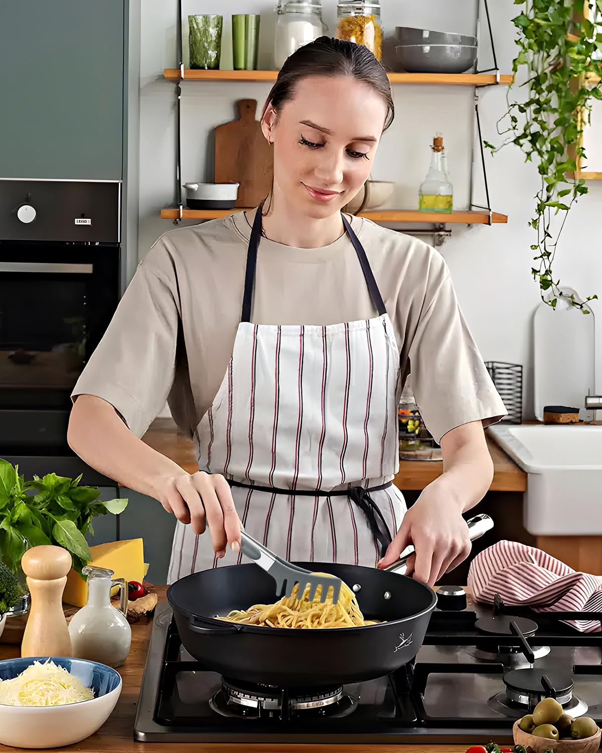 Spaghetti Spoon and Pasta Tong, Non-Stick Silicone Spoon Server Fork with Teeth and Stainless Steel Handle, Food Clip for Noodles (Grey)