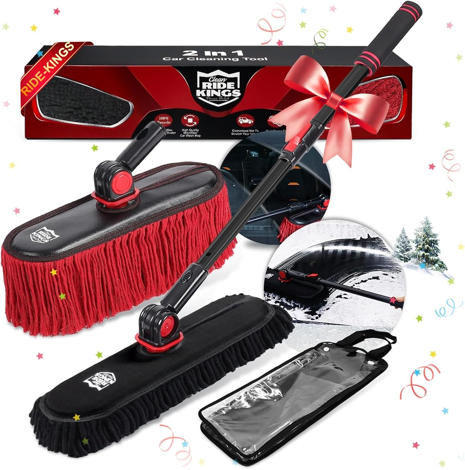 2In1 Brush and Duster for Car Exterior,Chenille Car Wash Brush Mop*1Pc,Wax Cotton Car Duster Mop*1Pc Remove Dust,Freely Switch a Retractable Black Steel Pole,Car Cleaning Supplies for Truck Rv Boat