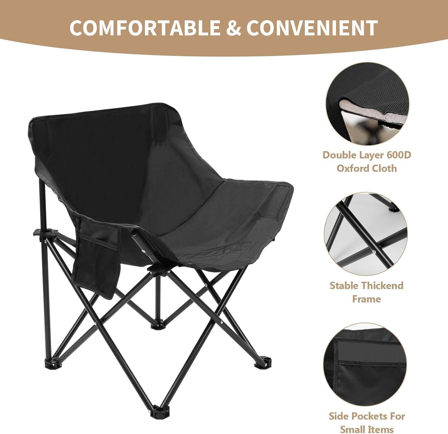 Camping Chair, Portable Folding Outdoor Chairs for Adult with Carry Bag and Side Pockets, Lightweight Folding Moon round Chair and Lawn Chairs for outside Fishing, Hiking, BBQ, Travel, Beach (Black)