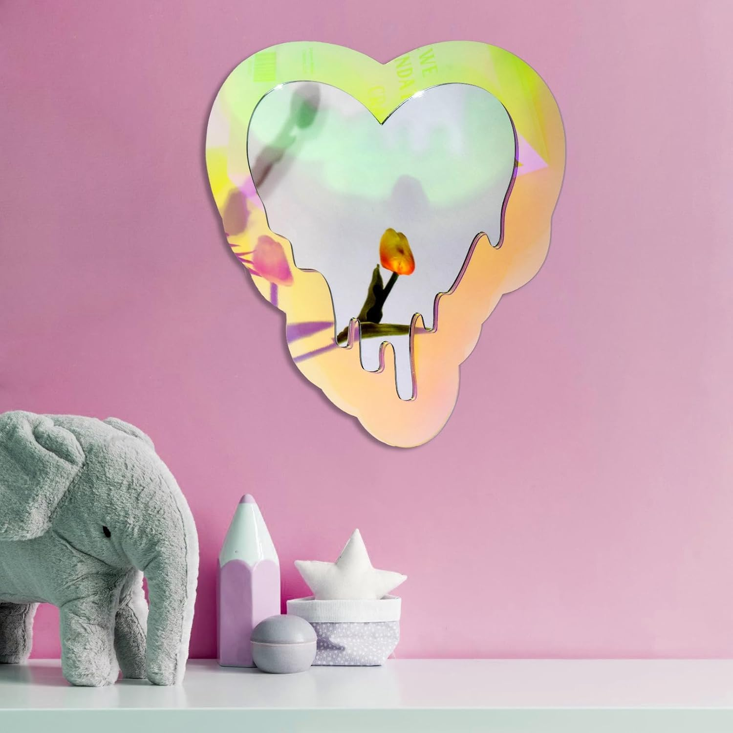 IONPSHG Iridescent Acrylic Mirror Decor Wavy Aesthetic Irregular Magnetic Locker Mirror Frameless Vanity Mirror Non Glass Rainbow Makeup Mirror Decor School Office Locker Cabinets Refrigerators image number 1