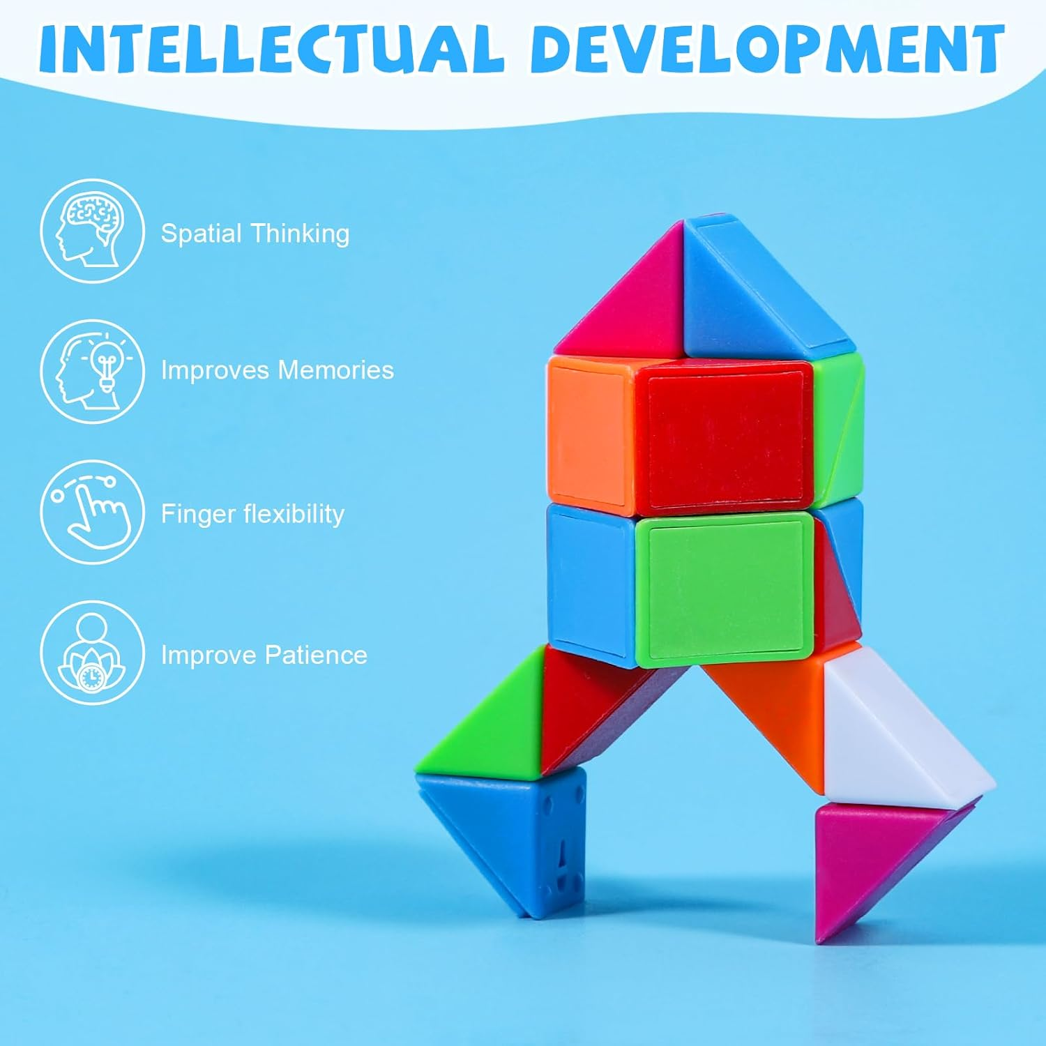 JOLLYFUN 12 Pack Magic Snake Cube Fidget Toys for Kids - 24 Blocks Rainbow Twist Puzzle, Party Favors, Classroom Prizes, Birthday Goodie Bag Fillers, Stress Relief Sensory Toys image number 6