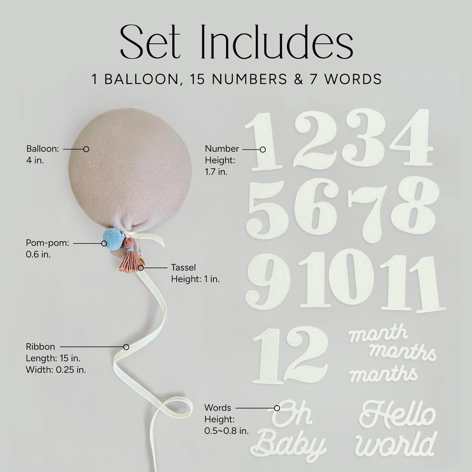 Balloon Baby Monthly Milestone Marker Signs, Photo Prop for Photoshoot | Stuffed Plush Balloon, Tassel, Pompom | Birth Announcement, Gender Neutral Baby Shower, Newborn Gift Set (Dusty Pink) - Dusty Pink image number 3