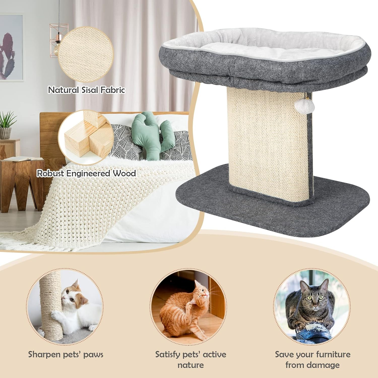 Costway Modern Cat Tree Tower for Kittens, Cat Activity Tower W/Large Plush Perch & Sisal Scratching Plate, Interactive Ball, Cat Home Furniture for Indoor Cats to Play Rest - Beige image number 3
