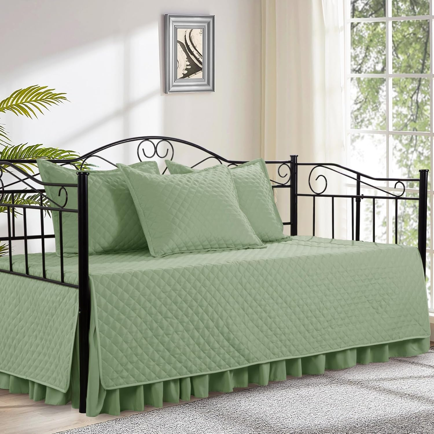 HOMBYS Daybed Cover Sets- Diamond Stitching Daybed Bedding Set, All Season Cozy Bedding with Bedskirt with Shams, Microfiber Filling, 5 Pieces, Sage Green image number 6