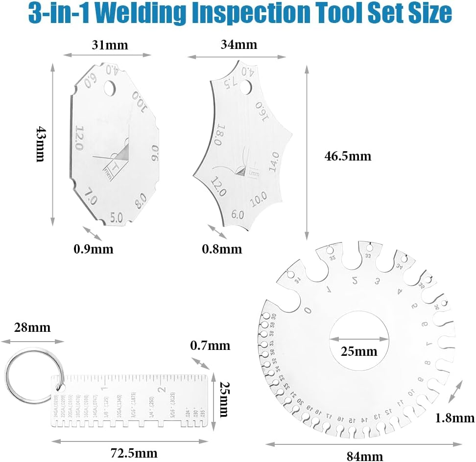 Yakamoz Stainless Steel Wire Gauge Measuring Tool, 3-In-1 Welding Inspection Tool Set (Wire Gauge + Weld Thickness Gauge + Fillet Weld Gauge) for Wire Welding