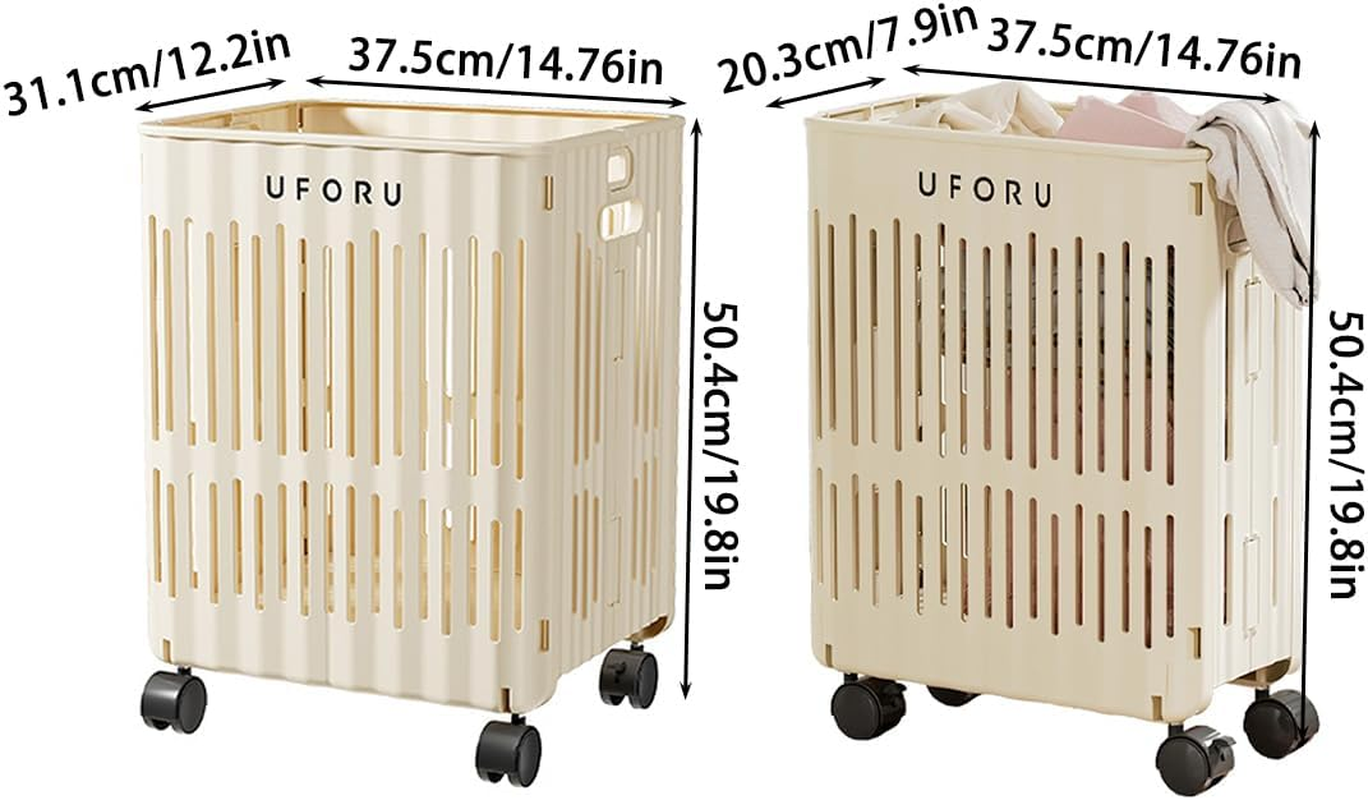 AIMALL Folding Laundry Hamper with Wheels, Breathable PP Storage Basket, Large & Small Size Options, Rolling Dirty Clothes Bin for Bedroom Bathroom, Cream White image number 5