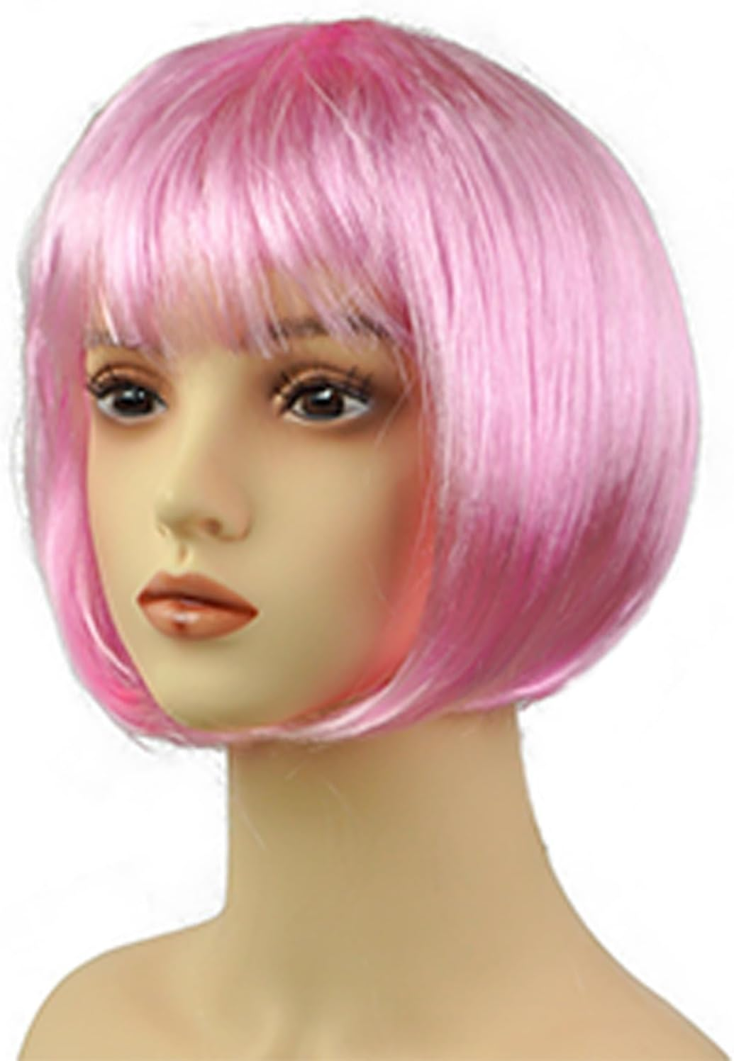 FEESHOW Short Straight Bob Wig with Flat Bangs Synthetic Hair for Women Girls Cosplay Costume Party Fashion Hairpiece Brown One Size