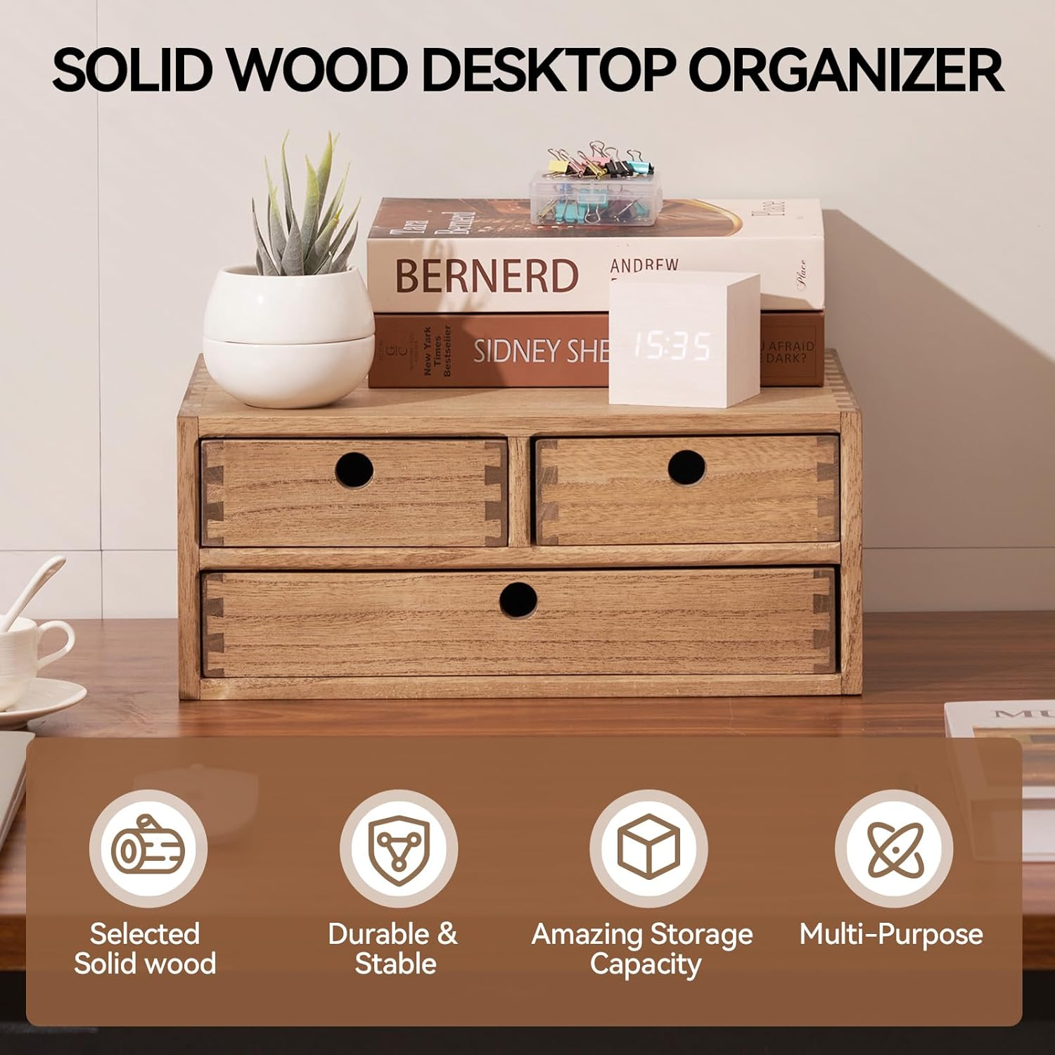 Kirigen Wooden Desktop Organizer - Office Supplies Filing Tidy Storage Shelf - Storage Cabinet/Jewelry Organizer with 3 Drawers(Br, 2-Layer &3 Drawers) image number 6