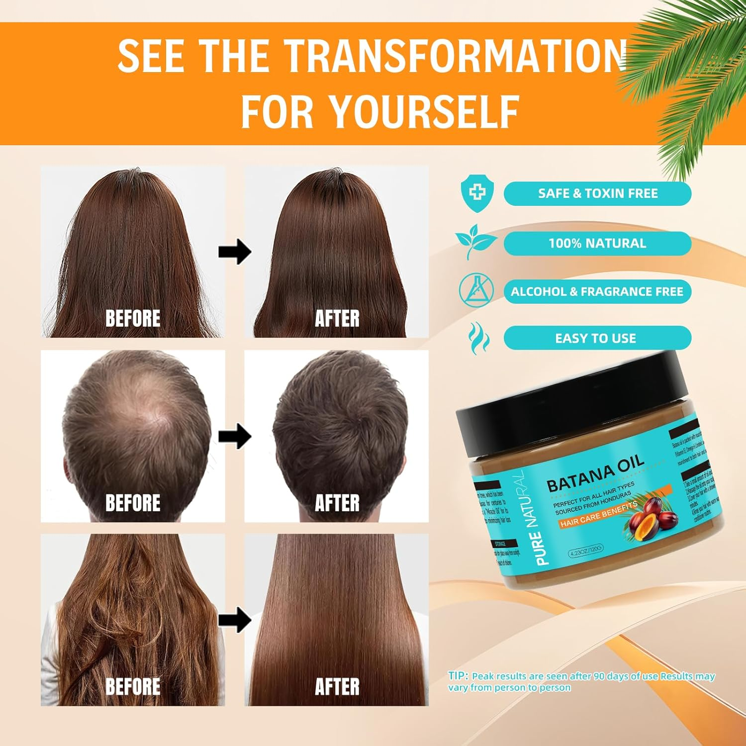 Organics Batana Oil for Hair Care, 100% Pure Raw Batana Masks Promotes Thicker, Stronger Hair, Unrefined Batana Oil for Men & Women-120Ml/4.3Oz(Hair Mask) image number 3