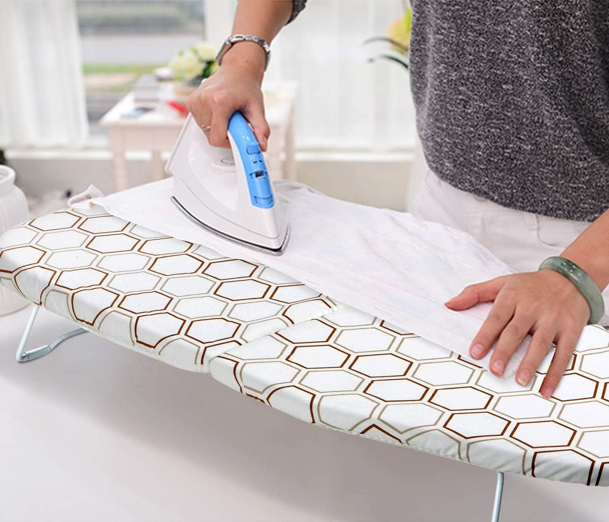 Sheechung Small Tabletop Ironing Board - Heavy Duty Ironing Board with Mesh Metal Base & 100% Cotton Cover,Hook for Hanging,Portable Folding Mini Iron Board for Sewing, Craft Room, Household, Dorm