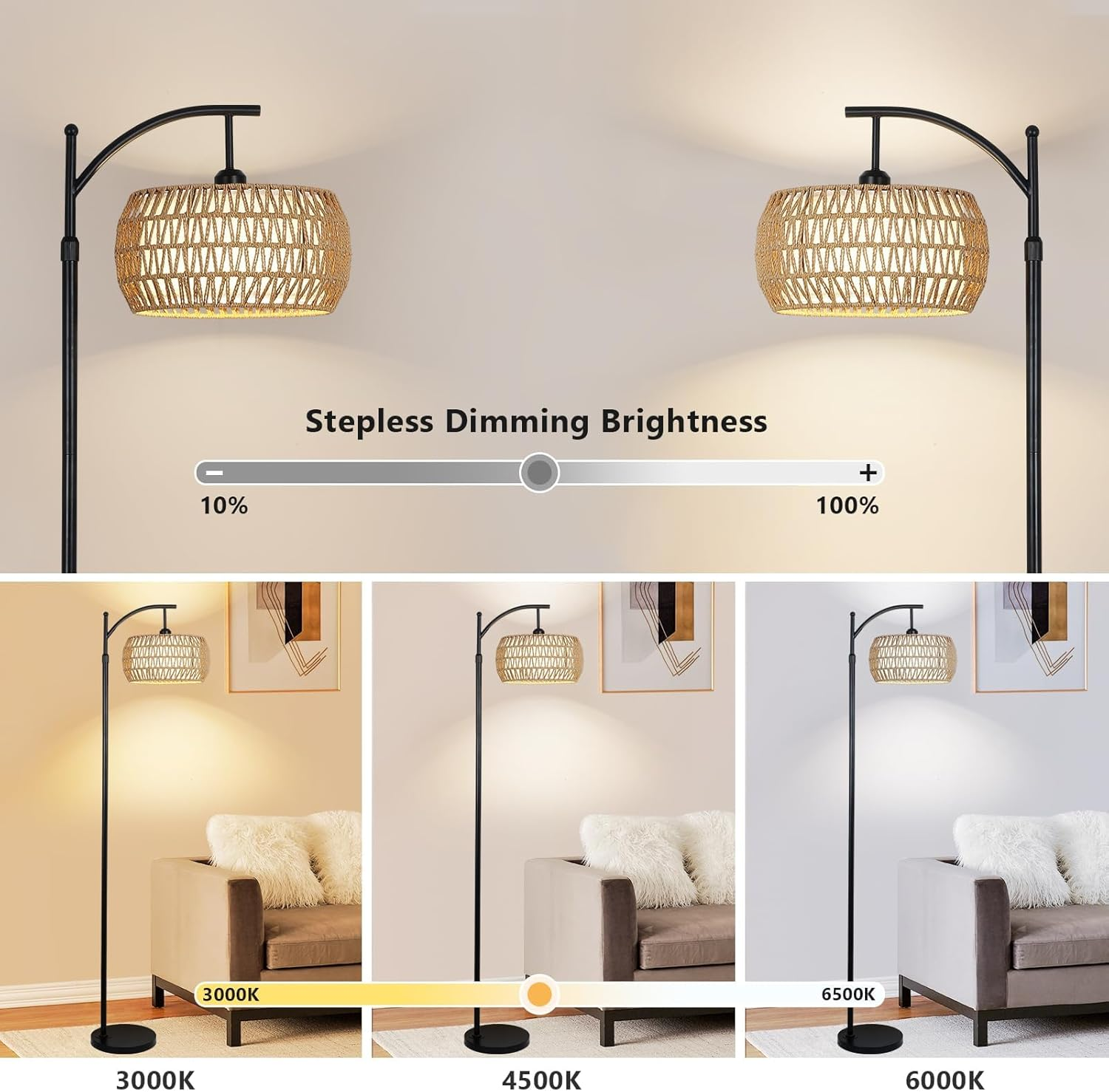 Arc Floor Lamp, Dimmable LED Floor Lamp with 3 Color Temperature, Black Standing Lamp with Rattan & Fabric Double Drum Shade, Boho Farmhouse Tall Pole Lamp for Living Room Bedroom (Type A) image number 1