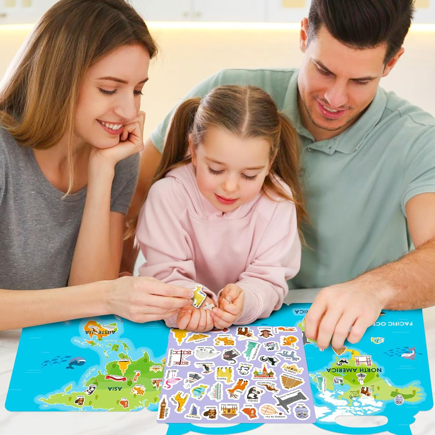 Reusable Sticker Book for Kids,37Pcs Stickers World Map Landmark Activity Education Learning Toys Books for Toddlers Girls Boys Age 3+ Birthday Gifts. (World Map) image number 1