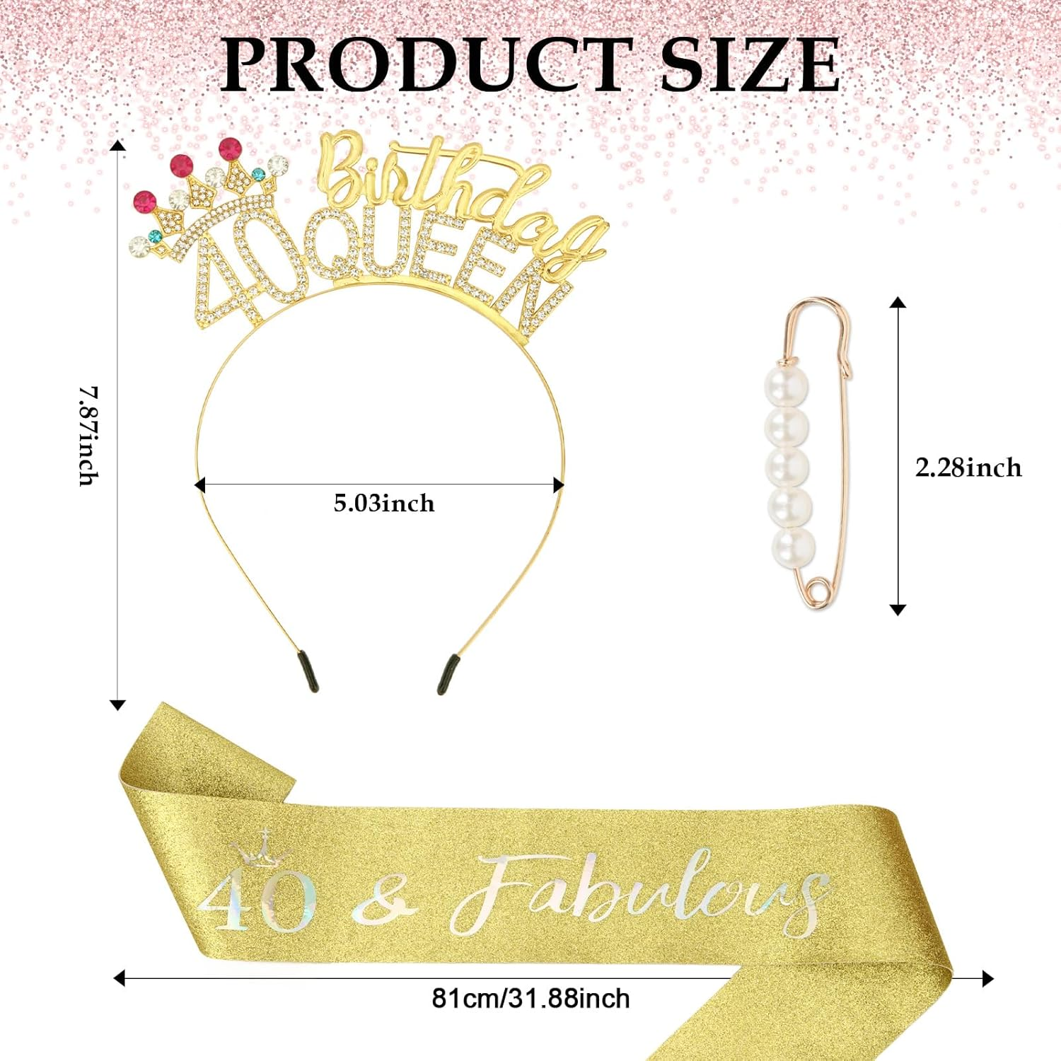 Pruadeor Gold 40Th Birthday Crown Woman 40Th Birthday Headband Glitter Sash for Birthday Party Decoration Gift image number 6