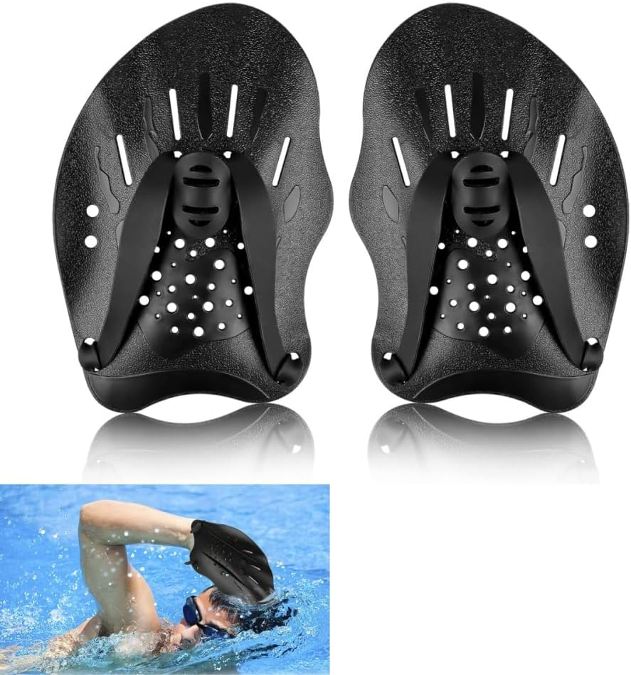1 Pair Hand Paddles for Swimming, Swimming Paddles with Adjustable Straps, Strength Training Aid, Pool Exercise Equipment, Swimming Training Accessories,Unisex（Black） image number 2