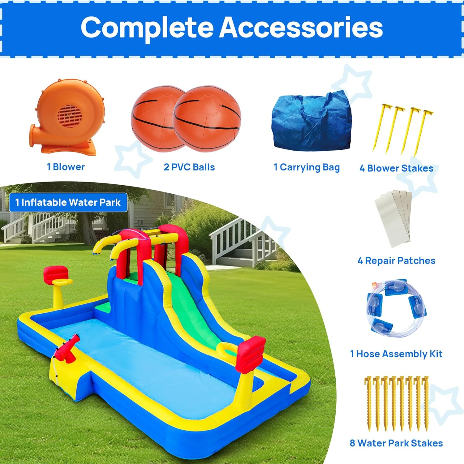 Inflatable Water Slide, 8 in 1 Water Park with Blower, 457 X 282 X 195 Cm Water Slides with Large Splashing Pool, Double Basketball Hoops, Water Cannon image number 6
