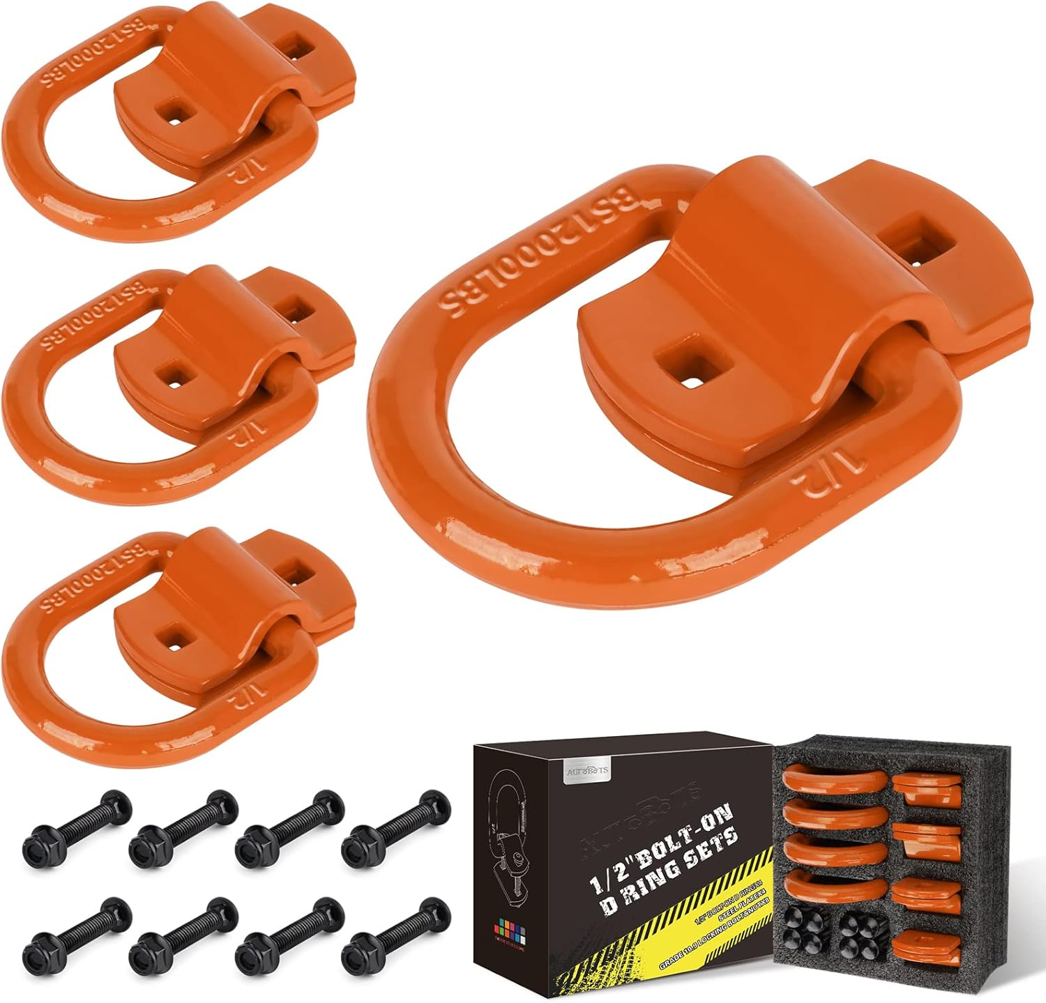 AUTOBOTS 1/2" Heavy Duty Bolt-On Forged D Ring, 12000Lbs Break Strength Tie down Anchors Hooks, for Trailers, Trucks, and Cargo Tie Downs (Pack of 4) Black