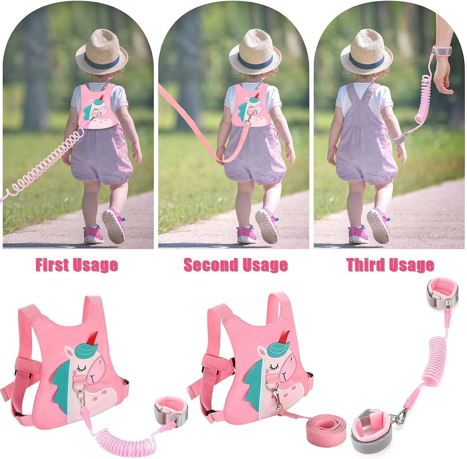 3 in 1 Toddler Harness Leash + Baby anti Lost Wrist Link, Cute Pattern Child Safety Harness Tether, Kids Walking Wristband Assistant Strap Belt for Parent Girls Outdoor Activity (Pink) image number 4