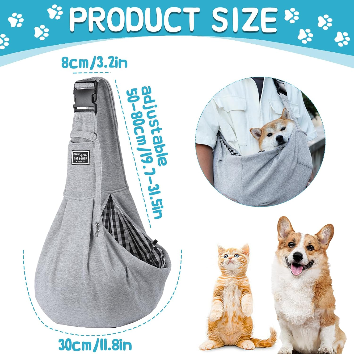 Dog Carrier Bag, Dog Sling up to 10 Kg, Portable Carry Bag, Dog Bag for Walking Outdoor Activities and Excursions (Grey)