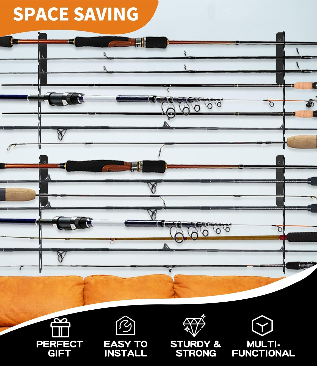Fishing Rod/Pole Rack Holder Storage Organzier Display Hooks Hanger Wall or Ceiling Mounted Metal Holds up to 16 Rods Racks Vertically Horizontally for Garage Cabin and Basement Porch Ease of Use image number 3
