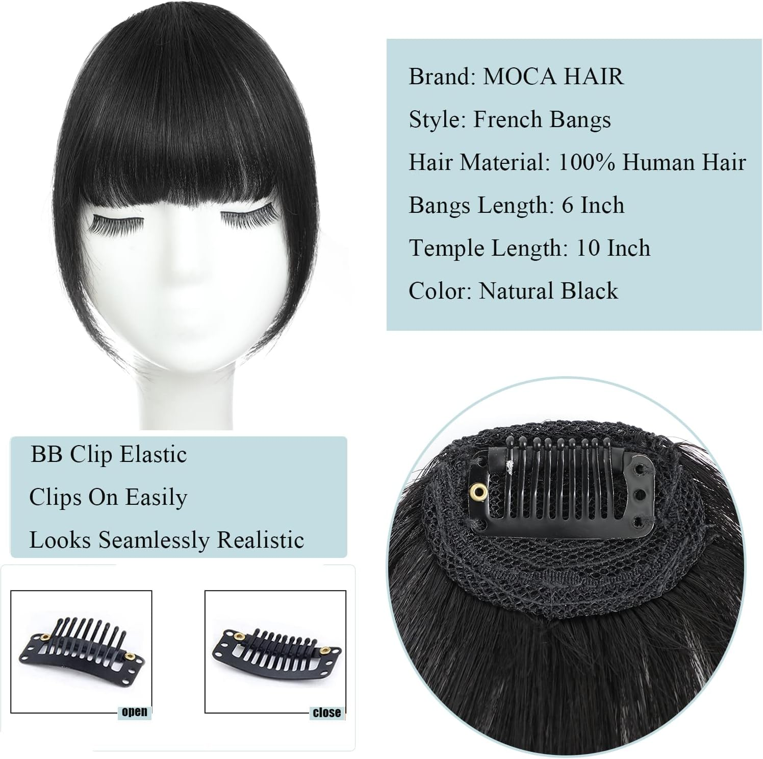 100% Human Hair Clip on Bangs - Natural Black, Real Human Hair, Clip in Bangs for Natural Hair image number 1
