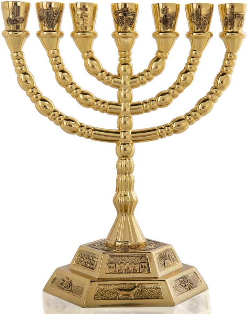YU FENG 7-Branch Menorah Candle Holder for Shabbat,Tabernacle, Home Decor Ornaments Table Centerpiece Display(Light Gold)